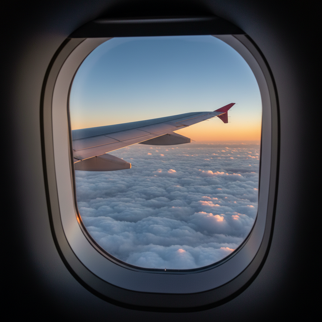 Aircraft wing flying above golden hour clouds — view through airplane window